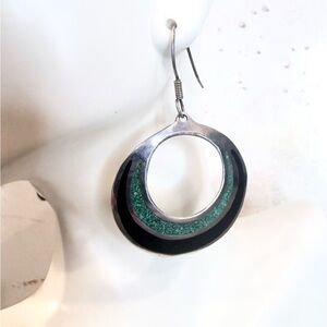 Taxco Mexico Sterling Silver Malachite Onyx Dangle Earrings Vintage